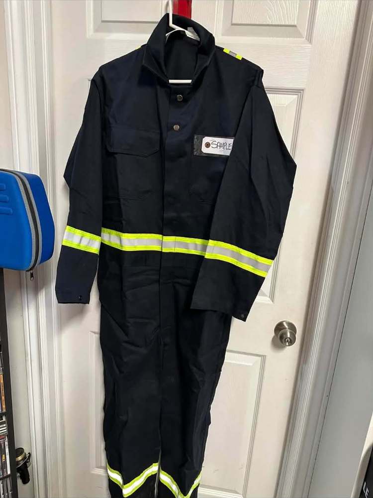 Navy work coveralls with hi-vis reflective banding Calgary