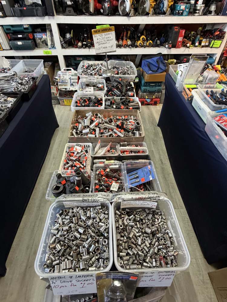 Tables of loose sockets sorted by drive size at Deelz Tools and Such Calgary