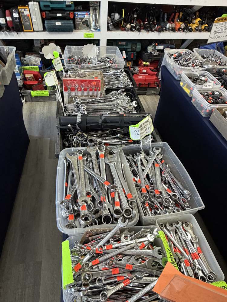 Bins of metric and SAE combination wrenches at Deelz Tools and Such Calgary